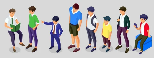现代男孩穿着不同的姿势和服装 一个男孩的服装时尚的例证 等距视图 — 图库矢量图片