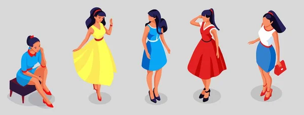Современные Женщины Разных Позах Нарядах Иллюстрация Женской Одежды Изометрический Вид — стоковый вектор