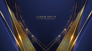 Altın çizgili mavi lüks arka plan, parlak noktalar efekti, bokeh ve parıltılı ışık efekti süslemesi. Zarif biçim vektör tasarımı