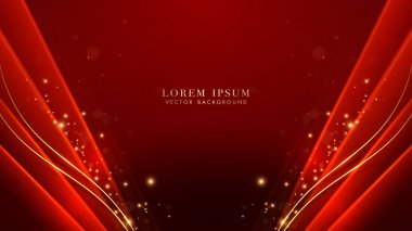 Kırmızı eğimli kırmızı nesneli lüks altın çizgiler, parlak noktalar efekti ve kırmızı arka planda bokeh süslemesi. Zarif biçim vektör tasarımı