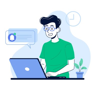 Adam internette dizüstü bilgisayar kullanıyor, bilgi arıyor, e-posta kontrolü yapıyor. Beyaz arkaplanda el çizimi biçim vektör çizimleri izole