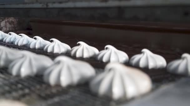 ホット溶かしたチョコレートで白いマシュマロを覆う 工場でのお菓子の生産のための自動ライン コンベアに沿った製品の移動 — ストック動画