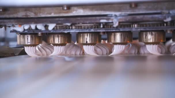 マシュマロを作る ペストリーノズルでスフレ 食品工場での甘い製品の生産のための自動機械 — ストック動画