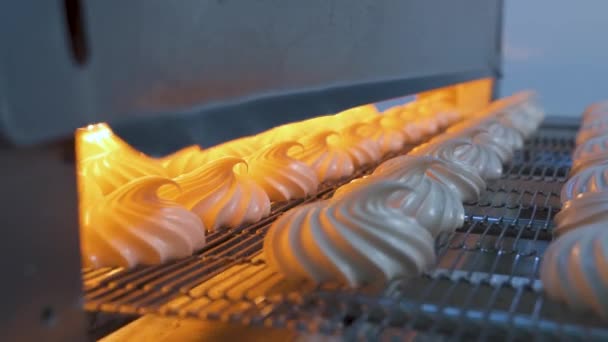 乾燥のための赤外線オーブンへのコンベア上のマシュマロの自動給餌 菓子工場 — ストック動画