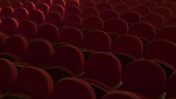 空の映画館の赤い席 柔らかい椅子の列を持つ暗い講堂 — ストック動画