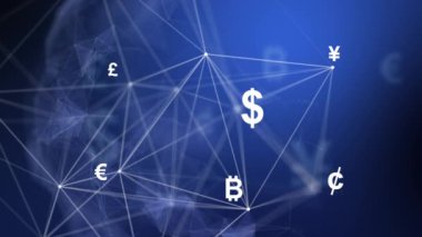 3D animation of lines and dots with dollar, euro and bitcoin money symbols. Currency operations. Abstract blue background with plexus lines