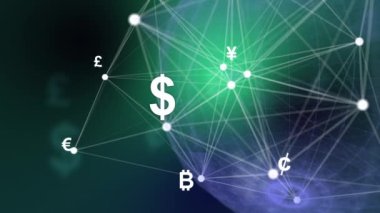 Dollar, euro and bitcoin symbols connected by lines. Animation with a rotating globe on a blue background. Currency signs. Plexus of lines