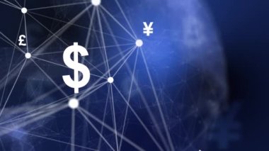 Animation of lines and dots with money sign. Abstract blue background with globe. 3D illustration of currency signs. Plexus of lines.