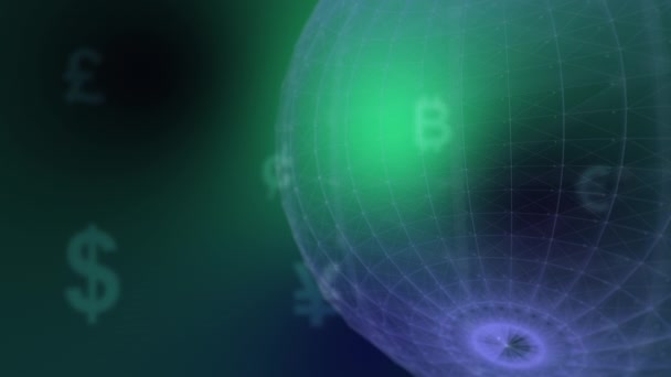 Blurred Background Rotating Globe Dollar Euro Bitcoin Currency Signs Animation — Vídeo de stock