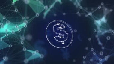 Animated dollar icon. Futuristic blue 3D background with moving money. Plexus lines.