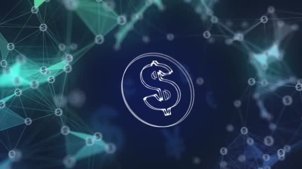 Animated Dollar Icon Futuristic Blue Background Moving Money Plexus Lines — Video