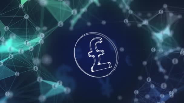 透明なポンドのスターリングアイコンを回転させる 概要通貨記号とプレキシス線の記号を持つ青のアニメーション3D背景 イギリスの貨幣 — ストック動画