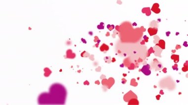 Flying romantic red hearts of different sizes. Animated abstract white background. Looped video. Concept for valentine's day, wedding.