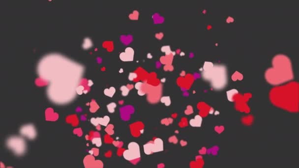 Freely Falling Colored Figures Hearts Animated Abstract Dark Gray Background — Vídeos de Stock