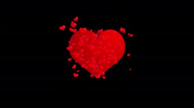 Red beating heart symbol on a black background. Movement of small red hearts. Animated romantic overlay background.