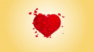 Red beating heart symbol on a yellow background. Movement of small red hearts. Animated romantic background.