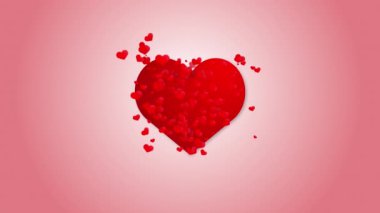 Red beating heart symbol on a red background. Movement of small red hearts. Animated romantic background.