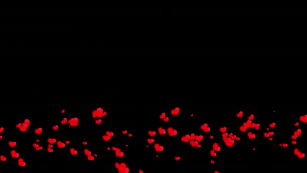 Animation Flying Red Hearts Wind Bottom Romantic Black Background Overlay — Video