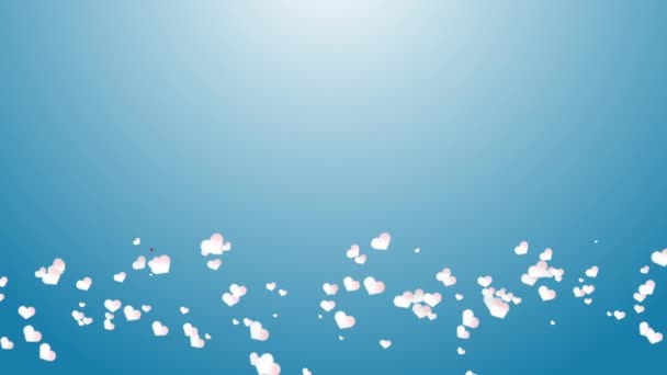 Анимация Летающих Белых Сердец Ветру Внизу Романтический Синий Фон — стоковое видео