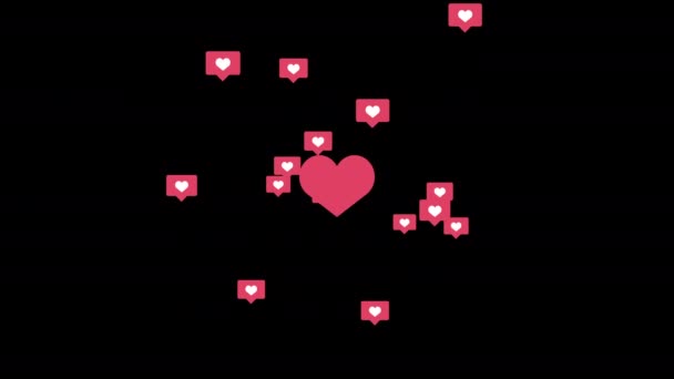 Red Heart Flying Small Icons Social Networks Black Background Animation — Video Stock