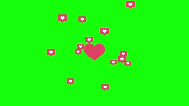 Red Heart Flying Small Icons Social Networks Green Background Animation — Vídeo de stock