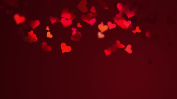 Размытый Романтический Темный Фон Летающими Красными Сердцами Свете Ночных Фонарей — стоковое видео