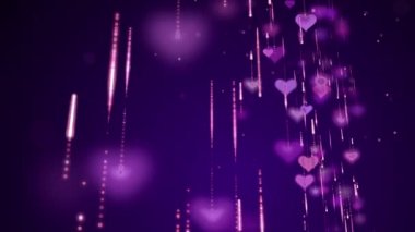 Blurred love heart symbols falling down with glitter particles. Animated wedding purple background. Valentines Day.