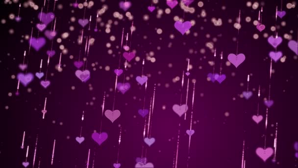 キラキラした粒子でピンクのハートを浮遊 結婚式のためのアニメーション赤の背景 赤く光る球体 — ストック動画