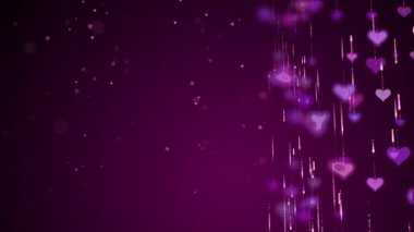 Burgundy background with pink love hearts. Blurred shiny particles fall down.