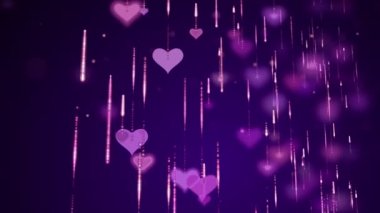 Pink hearts with glitter particles fall down. Blurred romantic purple background.
