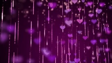 Animated love background with falling glitter particles and pink hearts. Glowing blurry elements.