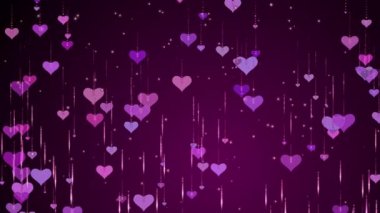 Falling pink hearts. Animated purple romantic background. Shiny flying particles.