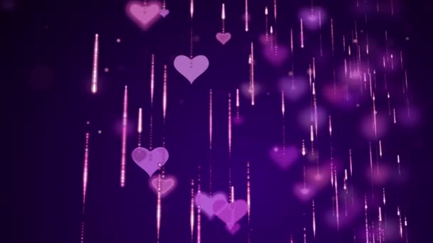 Розовые Сердца Блестящими Частицами Падают Размытый Романтический Фиолетовый Фон — стоковое видео