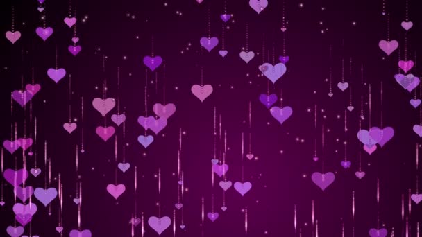 Falling Pink Hearts Animated Purple Romantic Background Shiny Flying Particles — Vídeo de Stock