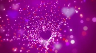 Animation of flying particles and hearts from the symbol of love. Abstract romantic blurred pink background.