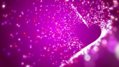 Heart and moving bright luminous particles on a pink background. Abstract animated background.