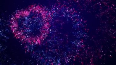 Multicolored fireworks in the shape of hearts. Blue and red flying sparkling particles on a blue animated background.