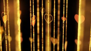 Golden hearts rotate on beads. Yellow vertical lines with blurry bokeh. Abstract animated background with moving elements.
