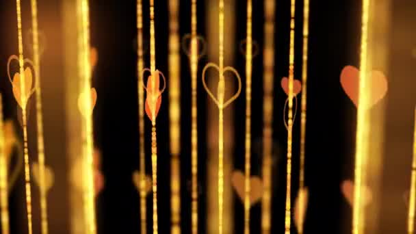 Золоті Серця Обертаються Бісеринках Жовті Вертикальні Лінії Розмитими Боке Абстрактний — стокове відео
