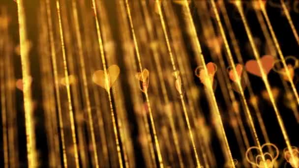 Размытый Анимированный Фон Вращающимися Золотыми Сердцами Линиями Сверкающими Частицами — стоковое видео