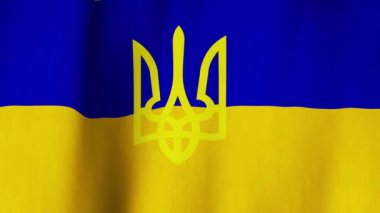 Blue yellow flag of Ukraine with the coat of arms in the center fluttering in the wind. State symbols. Animated fabric background.