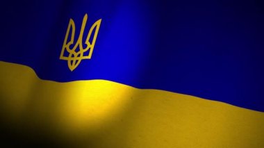 Wavy fabric of the flag of Ukraine with the national coat of arms of the state. Animated background.