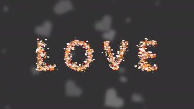 Lettering love. Animation of particles and hearts around the inscription on a gray background. Circling blurry hearts.