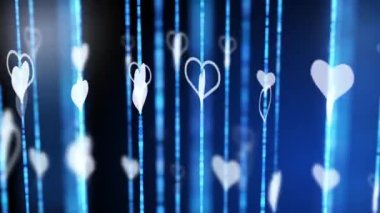 Hearts rotate on beads. Blue vertical lines with blurry bokeh. Abstract animated background with moving elements.