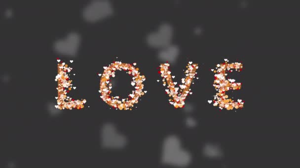 Lettering Love Animation Particles Hearts Inscription Gray Background Circling Blurry — Wideo stockowe