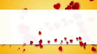 Animation frame with empty copyspace for text. Yellow background with love symbols, flying red hearts.