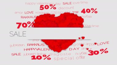 Happy Valentine's Day Sale Seasonal Banner. Beautiful Background with Realistic Red Hearts and words of love. Holiday animation with Discount Offer.