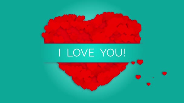 Love You Text Inscription Green Banner Animated Red Heart Greeting — Wideo stockowe