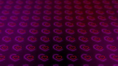 Kırmızı neon kalplerle donatılmış arka plan. Tekrar eden düğün şablonu. Parlayan aşk sembolleri olan karanlık bir arkaplan.