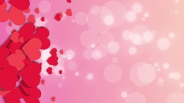 Kırmızı kalplerin aşkın sembolü olarak canlandırıldığı dikey video. Bulanık pembe romantik arkaplan ve hikayeler için yumuşak bokeh.